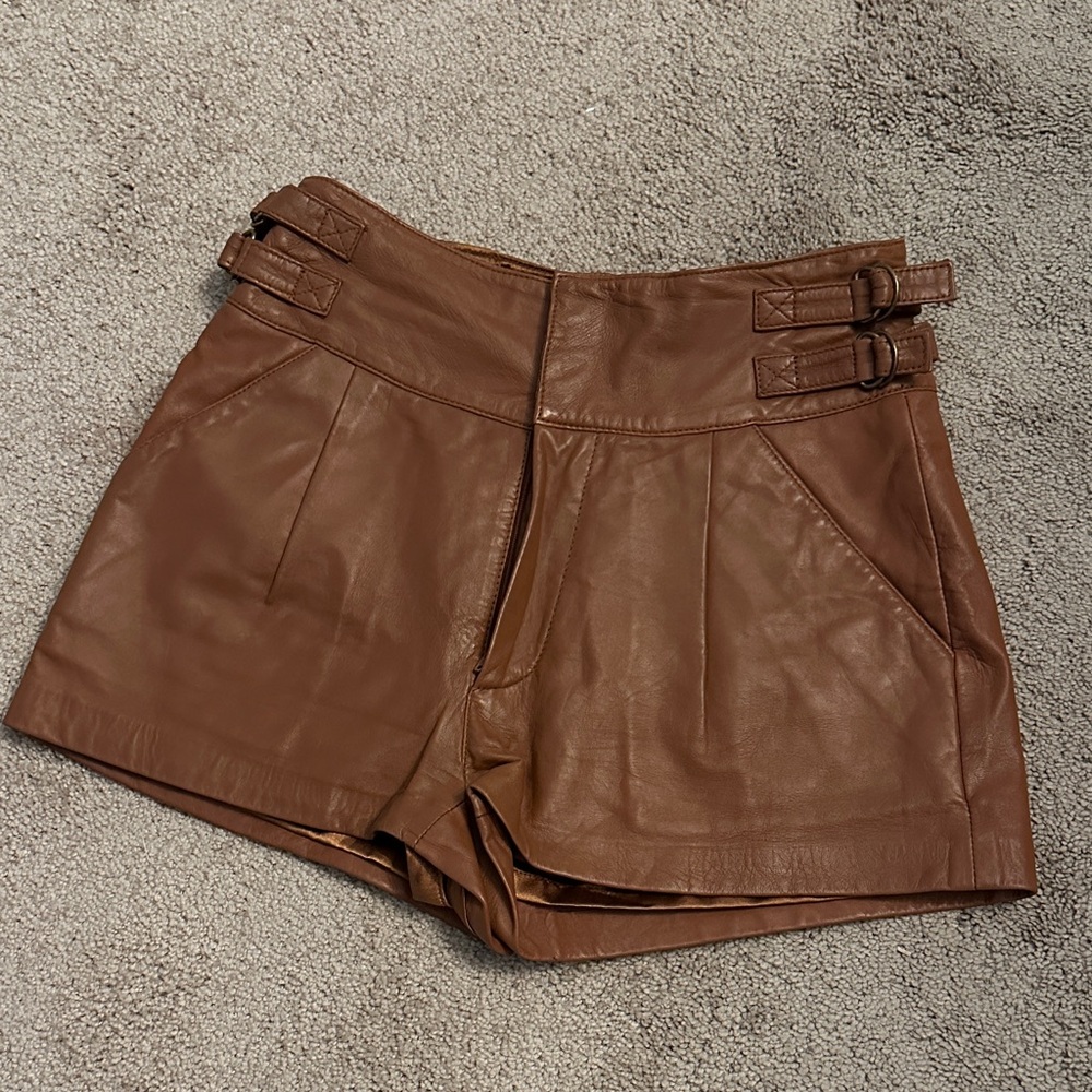 Topshop Brown High-Waist Genuine Leather Shorts with Side Buckles